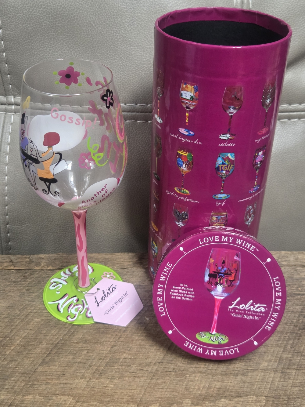 NIB Lolita Love My Wine "Girls' Night In" Hand-Painted 15 oz Wine Glass ~ Bin 1F